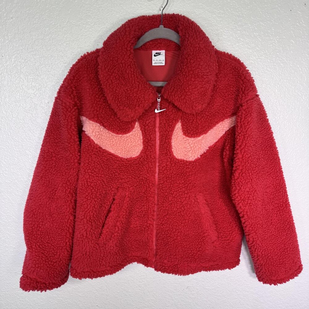 Nike Sherpa Fleece Jacket Womens XS Swoosh Logo Zip Up Teddy Bomber Cozy Pink